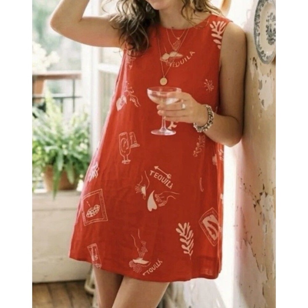 Anthropologie Paper Heart Tequila Linen Blend Dress L Pockets Red Margarita Mini